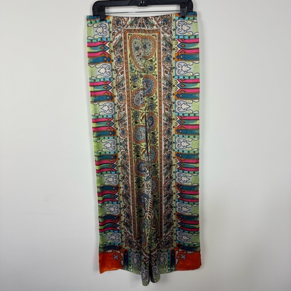 Chico's Printed Silky Straight Wide Leg Pants Summer Spring Boho Bohemian
